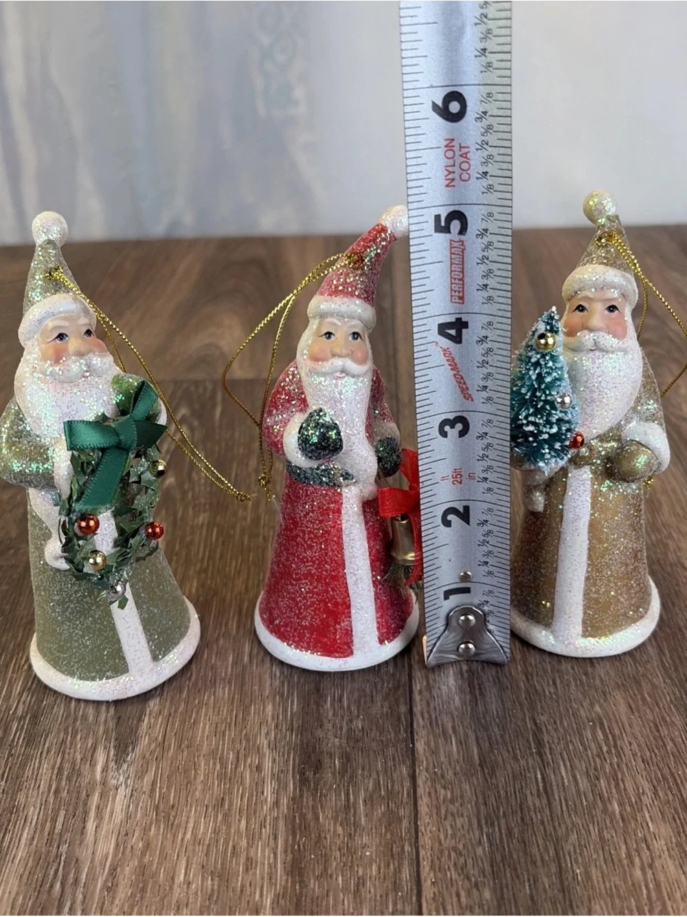 Lot of 3 Ceramic Santa Ornaments Shelf Sitters Red White Gold Glitter Sparkles
